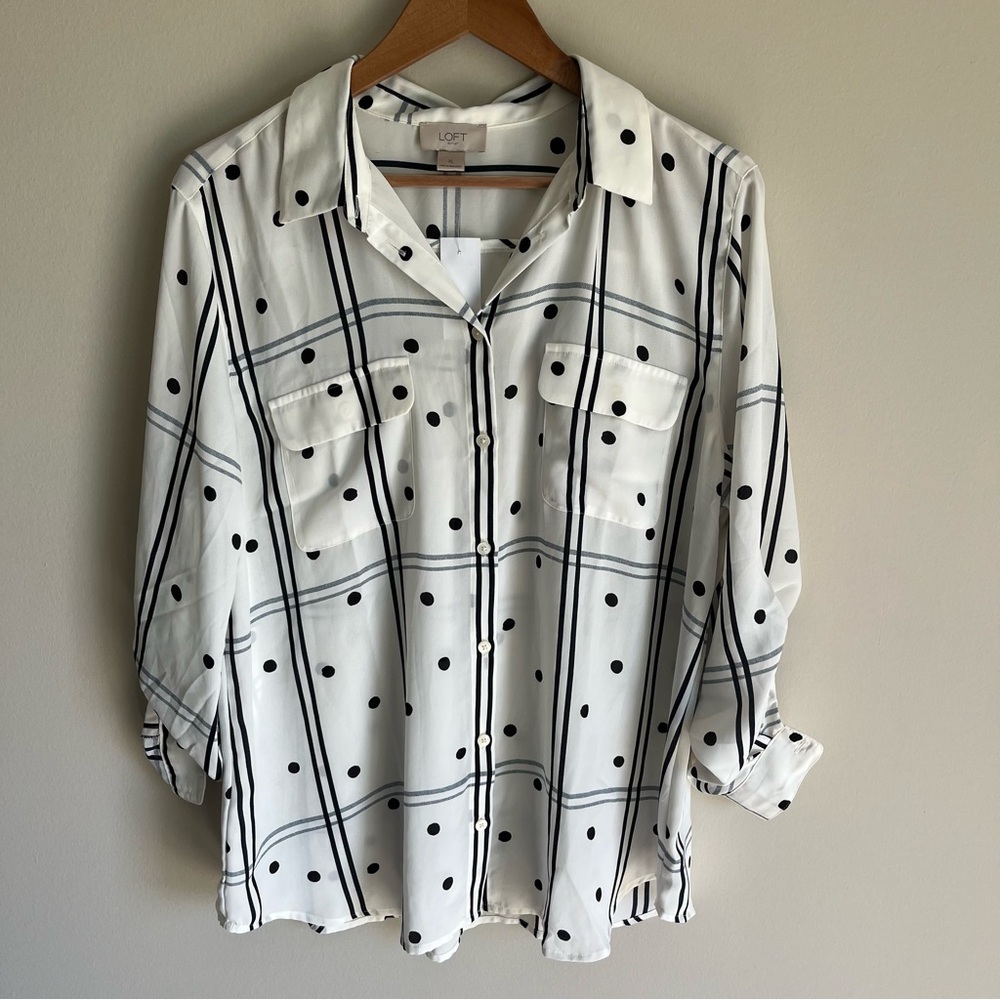 LOFT NWT Women’s Navy Dots and Stripes Patterned Button Down Blouse Size XL